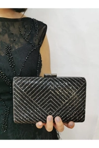 Kadın Siyah Taşlı Abiye Clutch Portföy El Gece Düğün Nişan Çantası
